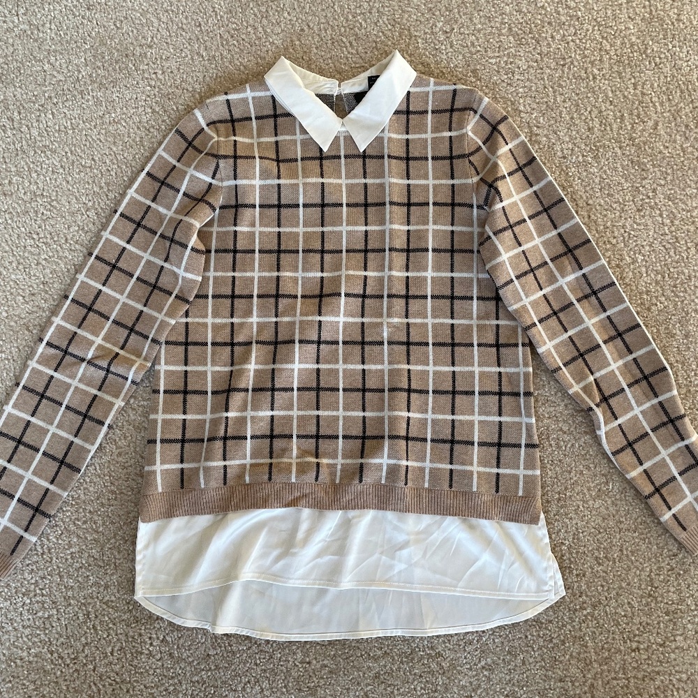 Tahari plaid sweater with faux silk blouse